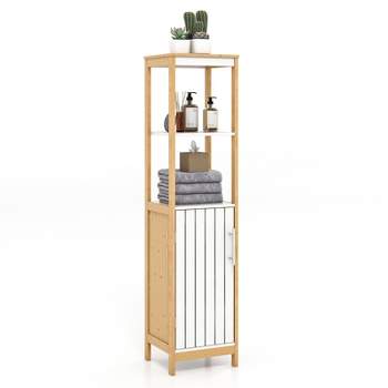 Tangkula Bathroom Floor Cabinet Narrow Freestanding Storage Cabinet with Door Shelves and Adjustable Shelf Linen Tower Stand Cabinet