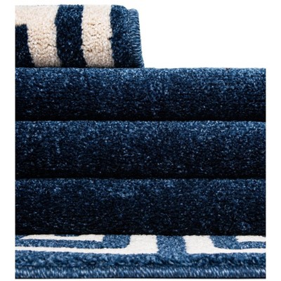 Navy Blue Geometric Border Rectangular Synthetic Rug