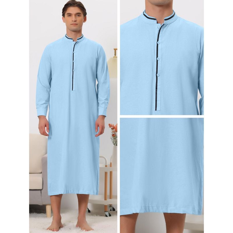 Lars Amadeus Men's Contrast Color Stand Collar Long Sleeves Button Nightgown, 5 of 6