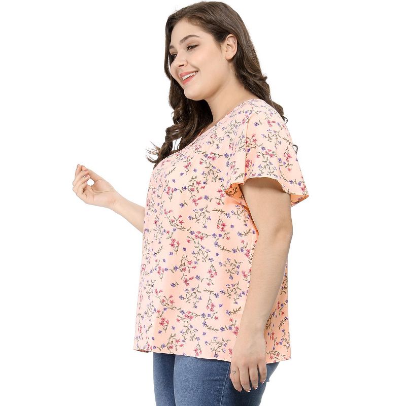 Agnes Orinda Women's Plus Size Keyhole Floral Chiffon Short Flared Sleeve Summer Trendy Peasant Tops, 5 of 9