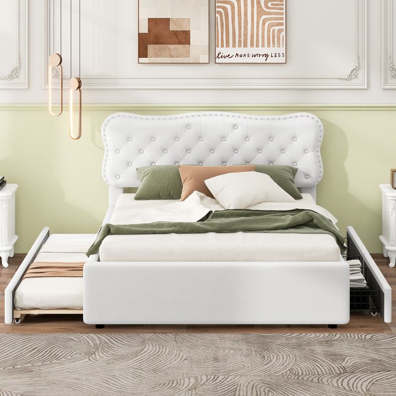 Queen/Full Size Upholstered Platform Bed with Storage Drawers and Trundle Bed, White-ModernLuxe, 2 of 14