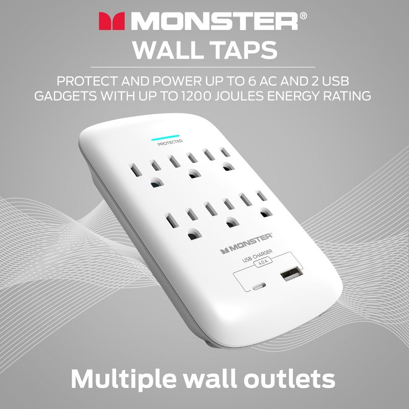 Monster Wall Tap Plug Outlet Extender with Outlet Surge Protector for Office and Smart Phone Devices, 2 of 10
