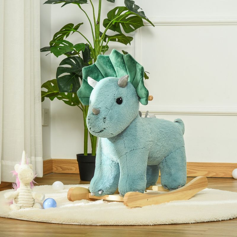 Qaba Kids Plush Ride-On Rocking Horse Triceratops-shaped Plush Toy Rocker with Realistic Sounds for Child 36-72 Months Dark Green, 3 of 10