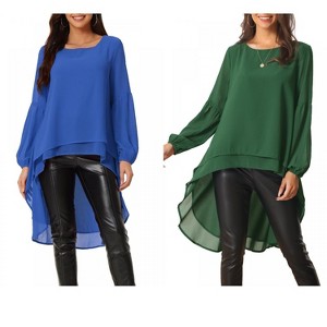INSPIRE CHIC Women's Lantern Long Sleeve Round Neck High Low Irregular Hem Casual Blouse 2 Packs - 1 of 4