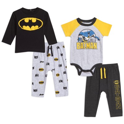 Image of DC Comics Justice League Batman Infant Baby Boys Bodysuit Pullover T-Shirt and Pants 4 Piece Layette Set Dark Multipack 6-9 Months