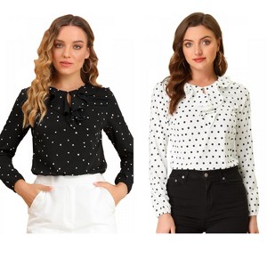 Allegra K Women's 2 Packs 1950s Vintage Ruffle Neck Long Sleeve Dots Chiffon Blouse X-Large Peacock Blue-Dots - 1 of 4