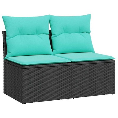 vidaXL 4 Piece Patio Sofa Set - Black Poly Rattan/Acacia with Blue Cushions - Modular Design, Weather-Resistant, Outdoor/Garden/Patio/Deck