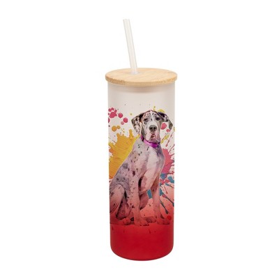 100 North 25 Ounce Frosted Glass Gradient Travel Tumbler With Straw & Wooden Lid, Great Dane Dog Paint Splatter Red