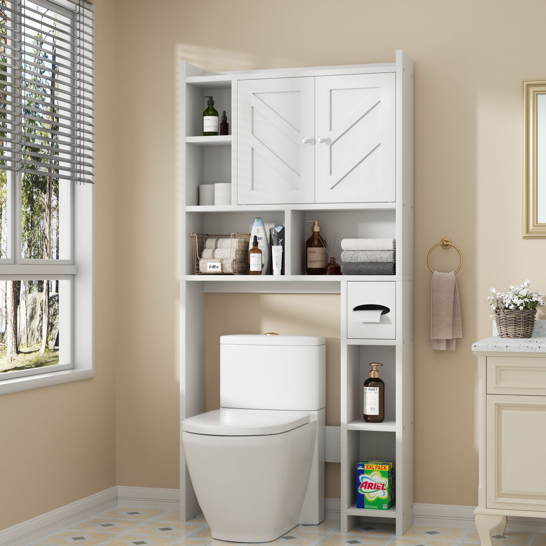 Celebalcony Over The Toilet Storage Cabinet with Barn Doors & Toilet Paper Holder for Bathroom Space Saver, Adjustable Shelf and Anti-Tip Device,White