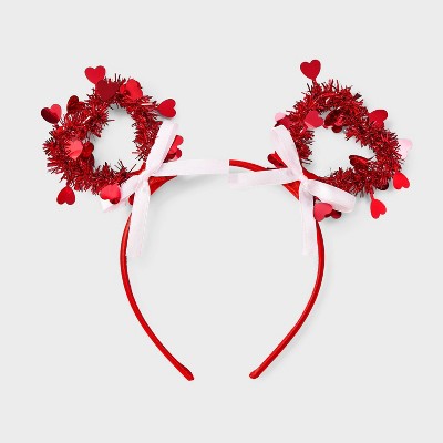 Valentine's Day Tinsel Heart Bow Headband - Red/Pink