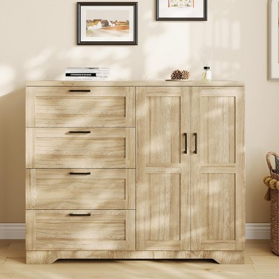 Multifunctional Wooden Dresser for Bedroom, 43.3'' H 2 Door Wardrobe Armoire Closet w/4 Drawers and Hanging Rod,Low Storage Cabinet for Hanging Cloth