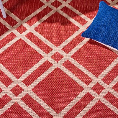Red and Bone Geometric Synthetic Indoor/Outdoor Area Rug