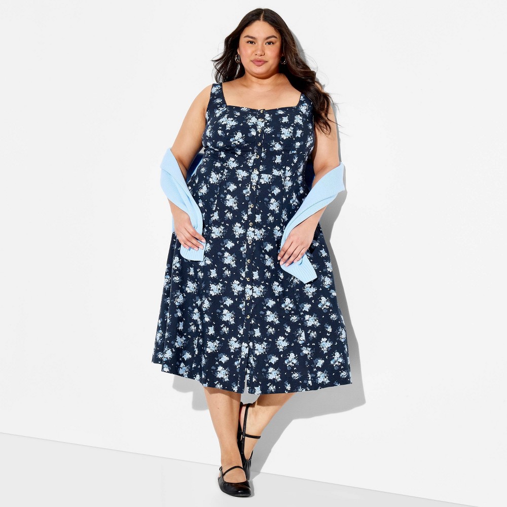 Women's Button-Front Midi A-Line Dress - Wild Fable™ Navy Blue Floral 2X