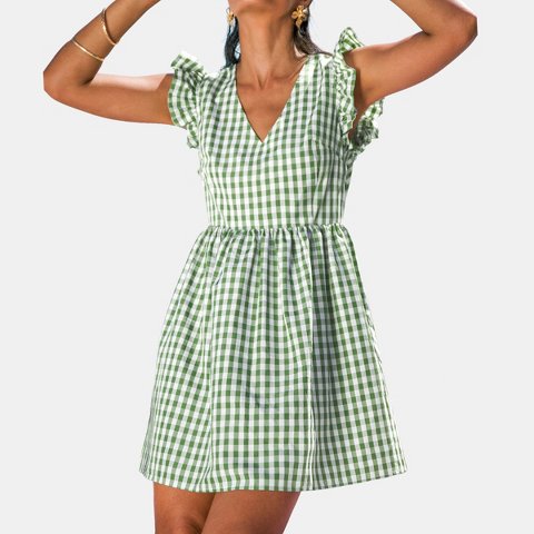 Женские платья Cupshe Women's Gingham Puff Sleeve Tie Back Dress-XL-Green