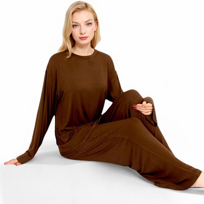Anna-Kaci Lounge Women's Minimalist Lounge Set with Long Sleeve Oversized Top and Wide-Leg Pants- Brown,Small