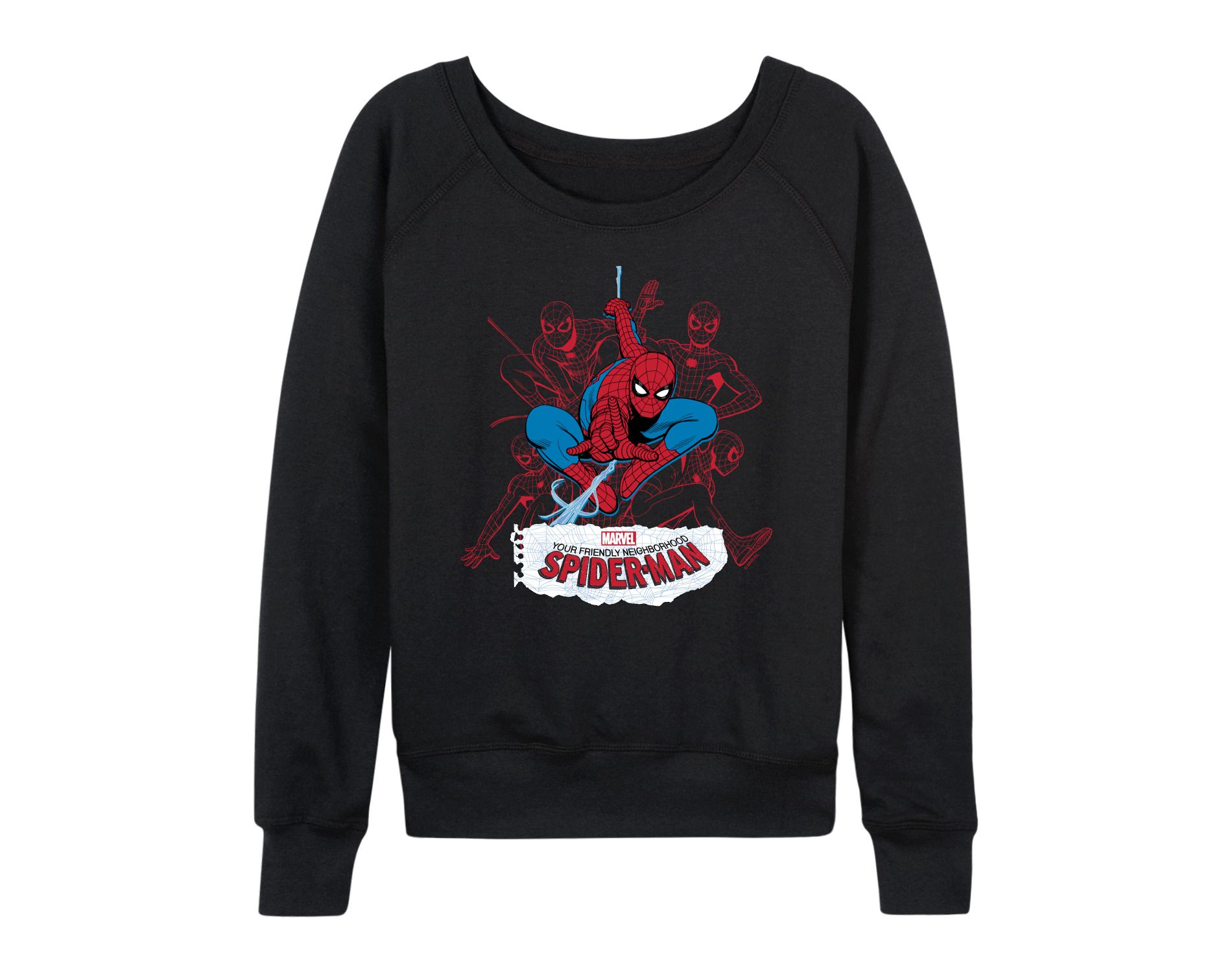 Women's Spider-Man Line Cluster Lightweight French Terry Wide Neck Long Sleeve Graphic Shirt - Black - 2X