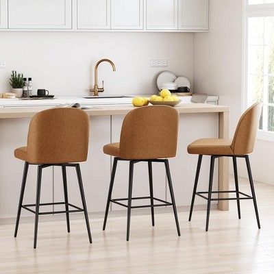 JUJABU 360°Swivel Upholstered Barstools Set of 3 with Backs and Metal Legs, 26" Seat Height Faux Leather Kitchen Counter Stool Chairs