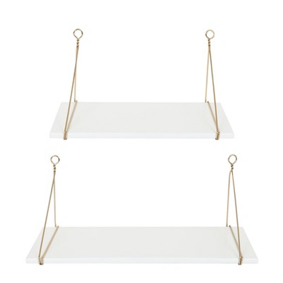 Kate & Laurel All Things Decor 24" x 9.8" 2pc Vista Wood and Metal Shelf Set White/Gold: Bracket Shelves, Open Storage Display