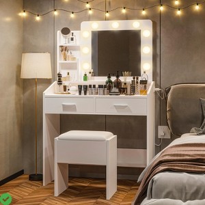 Makeup Vanity Desk w/Mirror and Lights Wood Vanity Table w/ Drawers Open Shelves Charging Station - 1 of 4