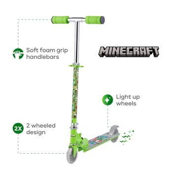 Minecraft 2 Wheeled Folding Kick Scooter with an adjustable handlebar, a sturdy metal deck, and comfortable rubberized grips