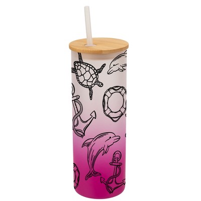 Elanze Designs Ocean Life Sea Turtle Dolphin Sailboat Wrap-Around Design 25 Ounce Frosted Gradient Glass On-The-Go Coffee Travel Skinny Tumbler Mug