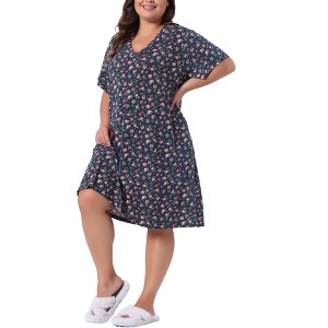 Agnes Orinda Women's Plus Size Comfort Pattern V Neck Short Sleeve Nightgowns - 1 of 4