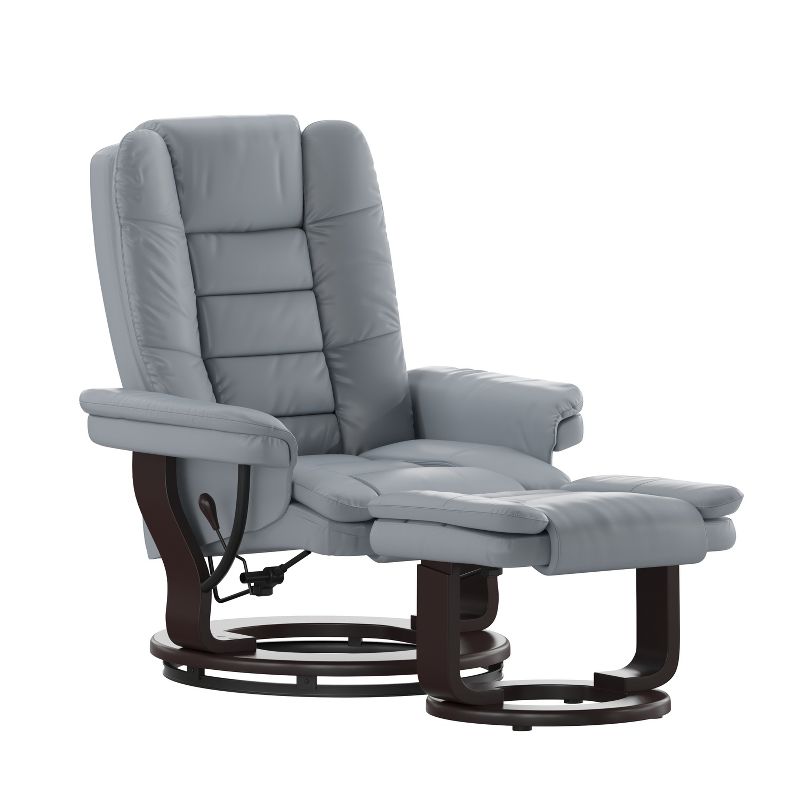 Flash Furniture Bali Contemporary Multi-Position Recliner with Horizontal Stitching and Ottoman with Swivel Mahogany Wood Base in Gray LeatherSoft, 1 of 12