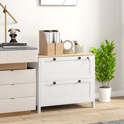 White and Light Wood 2-Drawer Lockable Lateral Filing Cabinet