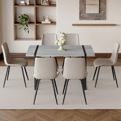 Nicbex Dining Table Set for 6 Kitchen Table Minimalist Retro Rectangular Dining Table with Textured Top with 6 Chairs