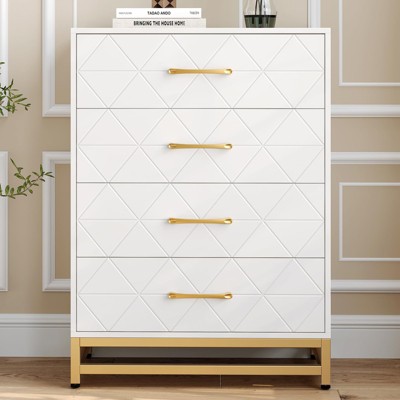 4 Drawer Dresser for Bedroom, Modern White 4 Chest of Drawers Nightstand with Metal Handles and Support for Living Room, Nursery, Entryway, Closet
