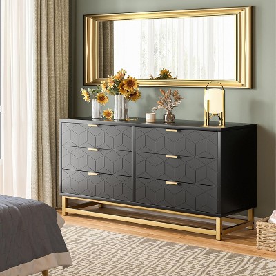 Garvee 6-Drawer Wood Dresser with Wide Storage Black Modern Chest with Gold Metal Legs and Handles for Bedroom Living Room Hallway, Black