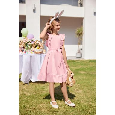 Arshiner Girls Spring Summer Dresses Flutter Sleeve A-line with Belted Pockets Casual Party Dress for Kids 6-16 Years Misty Rose 12 Years