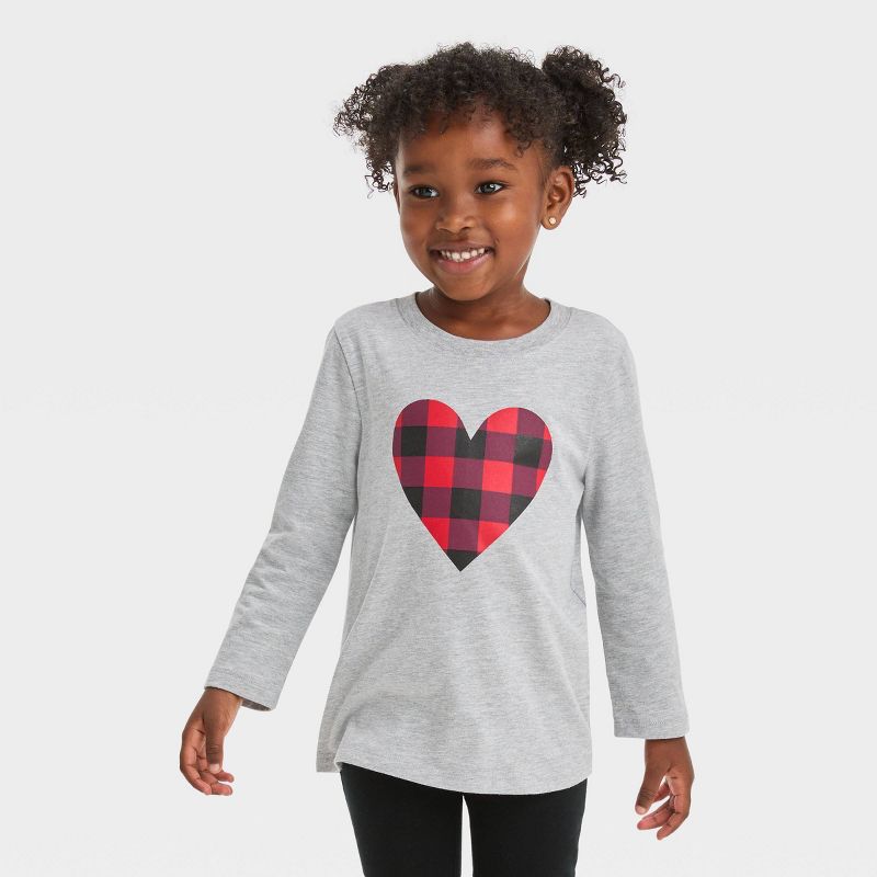 Toddler Girls' Heart Plaid Long Sleeve T-Shirt - Cat & Jack™ Heather Gray, 1 of 7