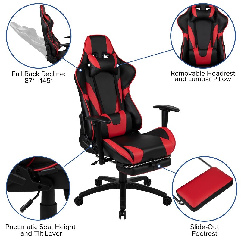 Flash Furniture X30 Gaming Chair Racing Office Ergonomic Computer Chair with Fully Reclining Back and Slide-Out Footrest in Red LeatherSoft, 5 of 15