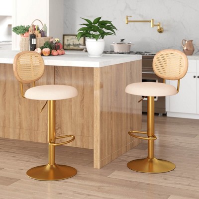 Gold and White Adjustable Swivel Bar Stools with Rattan Backrest