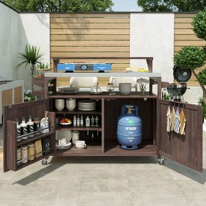 Kumasinova 53.3" Outdoor Kitchen Island on Wheels,Grill Cart with Raised Shelf&Stainless Steel Top,Rolling Cart with Internal Storage Rack for Patio - 1 of 4