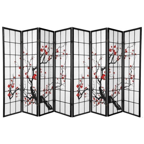 8 Panel Room Divider Privacy Screen Panel Blossom Shoji Design Black Color