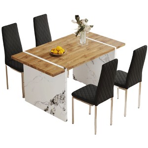 Infurnic Dining Sets Wood Veneer Dining Set with 4 Chairs Marble Style Legs Modern Minimalist Kitchen Table Collection, Black, 55"*31.5"*29.5" - 1 of 4