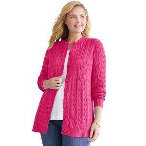Woman Within Plus Size Cotton Cable Knit Cardigan Sweater - 1 of 4