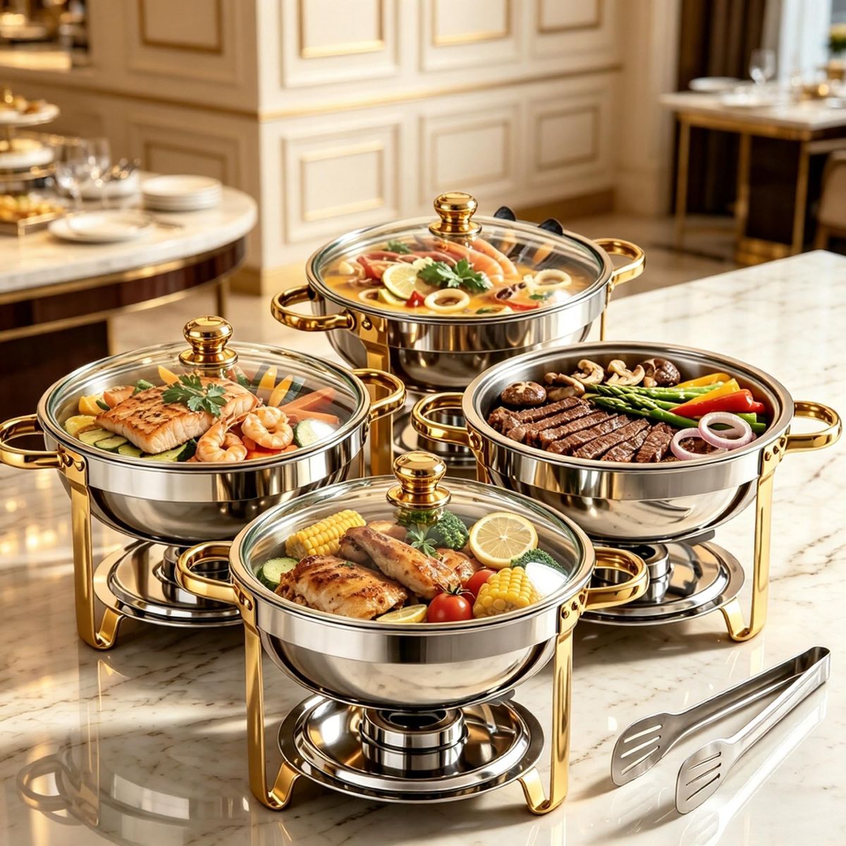 Round Gold Chafing Dish Buffet Set, 5QT Stainless Steel Food Warmer, Commercial Chafing Dish Buffet Warmer 5QT Round Stainless Steel Gold - thumbnail 8