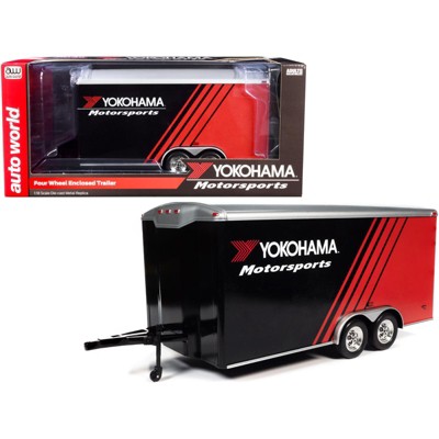 Four Wheel Enclosed Car Trailer "Yokohama Motorsports" Black and Red for 1/18 Scale Model Cars by Autoworld