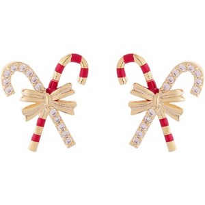 Gold Plated Candy Cane Stud Earrings | Sparkling Crystal/CZ & Enamel Red Green Design - 1 of 4