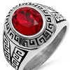 Steeltime Men's stainless steel greek key accented ring with red simulated diamond. Color Options: Silver, Gold. Size Options: 9-12 - 2 of 4