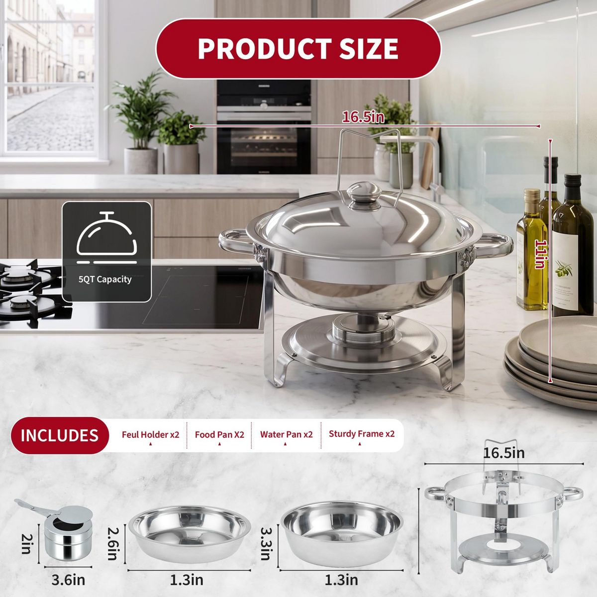 2-Pack Round Chafing Dish Buffet Set, Stackable Stainless Steel Food Warmer with Lid & Water Pan for Catering, Weddings, Parties, Hot & Cold - thumbnail 5
