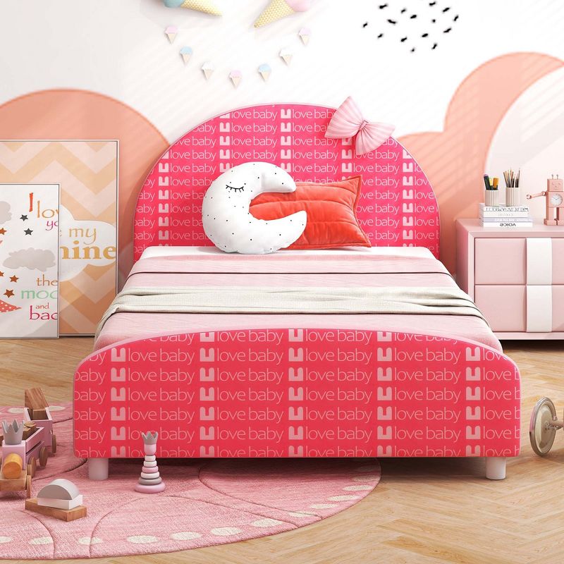 Honeyjoy Children Twin Size Upholstered Platform Single Bed with Headboard & Footboard Pink, 5 of 11