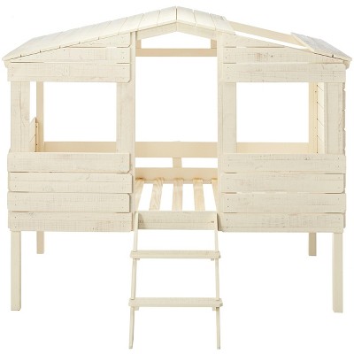Rustic Sand Twin Loft Bed Frame with Pine Wood Slats