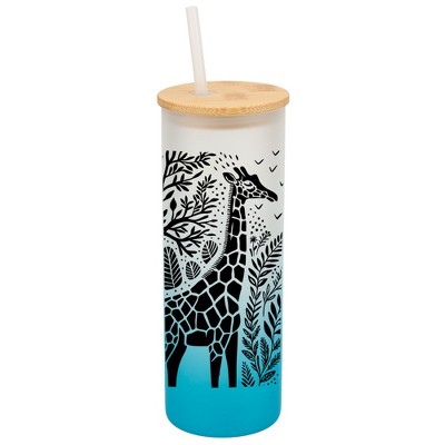 Elanze Designs Floral Safari Giraffe Sky Blue Frosted Gradient Glass Tumbler with Bamboo Lid & Straw 25 ounce Reusable Iced Coffee or Water Cup,