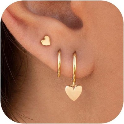 3 Pairs Small Gold Hoop Earring, 14K Gold Plated Earring Stacks Butterfly Heart Star Moon Bow Four Leaf Rhombus Round CZ Pearl