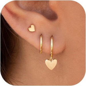 3 Pairs Small Gold Hoop Earring, 14K Gold Plated Earring Stacks Butterfly Heart Star Moon Bow Four Leaf Rhombus Round CZ Pearl - 1 of 4