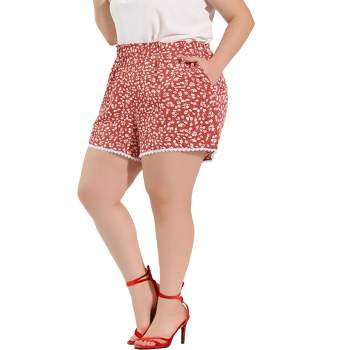 Plus Size Shorts for Women Elastic Waist Floral Print Lace Short Pants